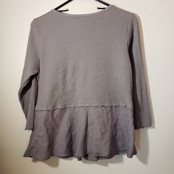 Linen & ribbed cotton button down peplum top - Picture 2 of 5